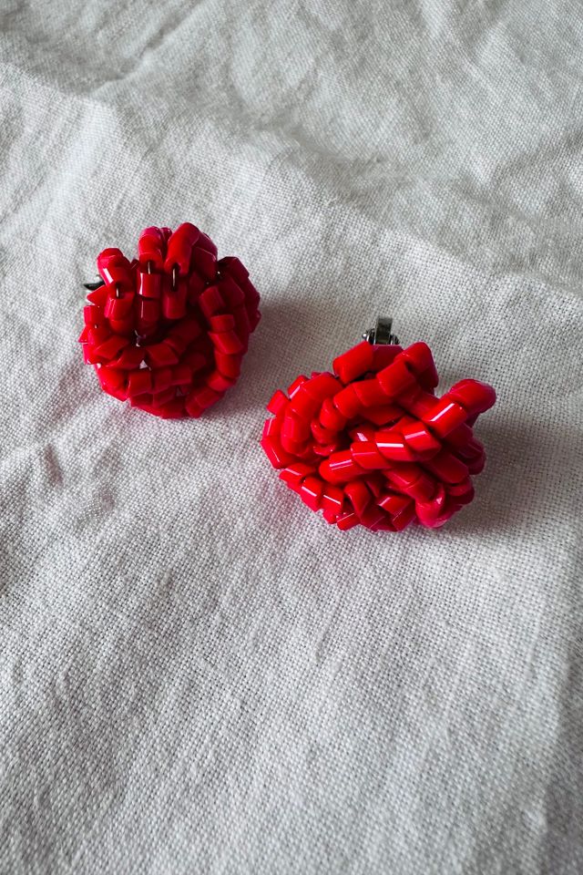Vintage Red Beaded Clip-On Earrings Selected by KA.TL.AK #3