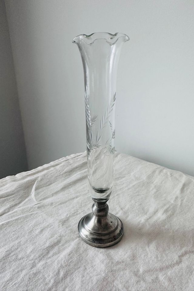Vintage Etched Glass Bud Vase with Pewter Base Selected by KA.TL.AK #1