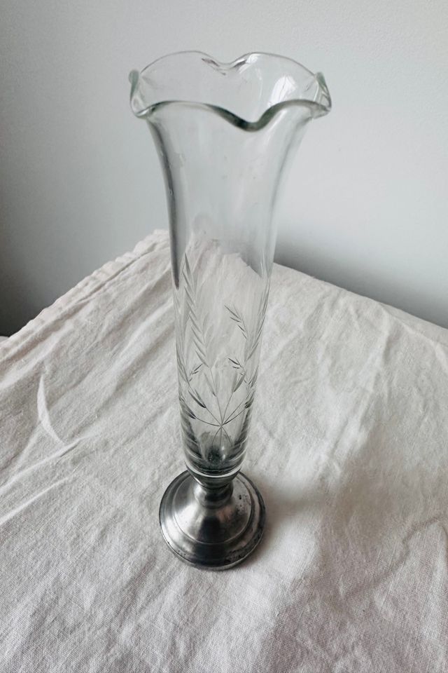 Vintage Etched Glass Bud Vase with Pewter Base Selected by KA.TL.AK #2