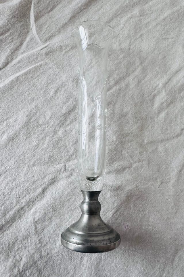 Vintage Etched Glass Bud Vase with Pewter Base Selected by KA.TL.AK #3