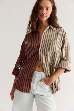 The Tales Half N’ Half Embellished Button Down Top
