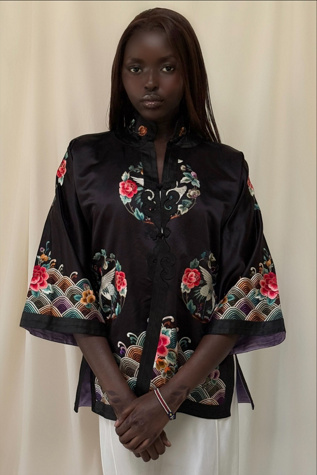Vintage 1920's Silk Crane & Floral Embroidered Jacket Selected By Afterlife Boutique