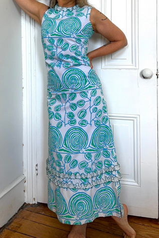 Vintage Preppy 1970’s Hand Screen Printed Maxi Dress with Snail Motif Selected by KA.TL.AK