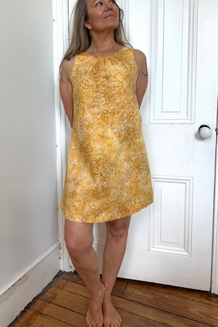 Hand Sewn Sunny Yellow Lightweight Batik Leaf Patterned Mini Dress Selected by KA.TL.AK