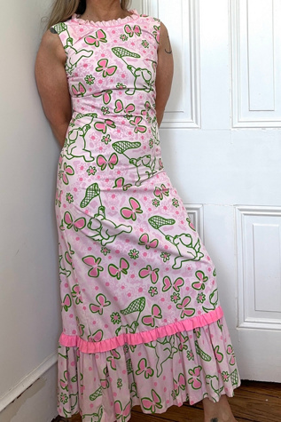 Vintage Preppy 1970’s Hand Screen Printed Maxi Dress with Puppy Motif Selected by KA.TL.AK