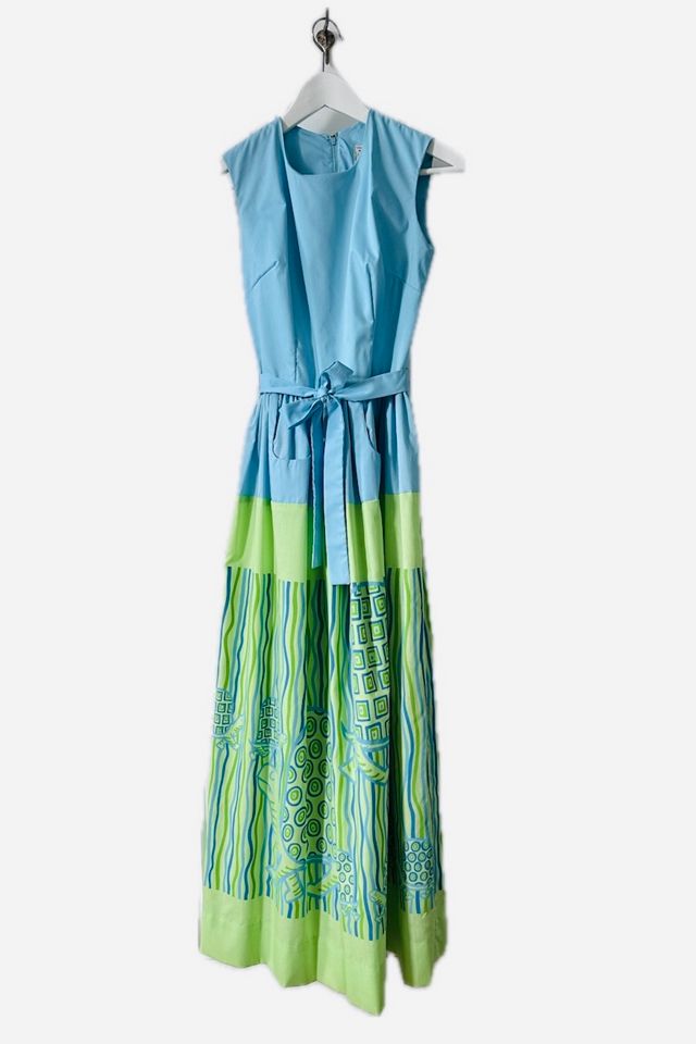 Vintage Preppy 1970’s Hand Screen Printed Maxi Dress with Turtle Motif Selected by KA.TL.AK #1