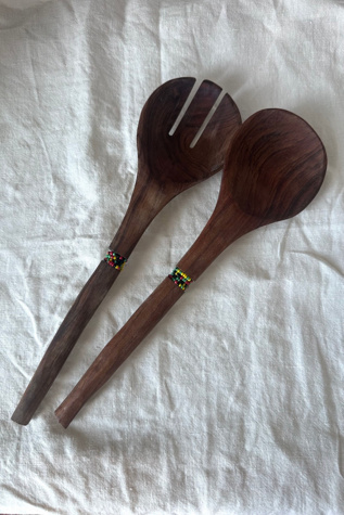 Vintage Hand Carved Kenyan Wooden Salad Servers with Beadwork Selected by KA.TL.AK