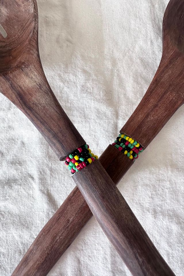 Vintage Hand Carved Kenyan Wooden Salad Servers with Beadwork Selected by KA.TL.AK #1