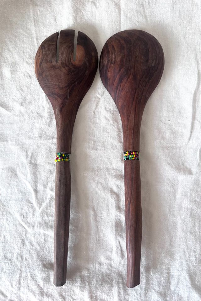 Vintage Hand Carved Kenyan Wooden Salad Servers with Beadwork Selected by KA.TL.AK #2
