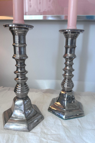 Vintage Classic Pair of Pewter Candlesticks with Drip Guard Selected by KA.TL.AK