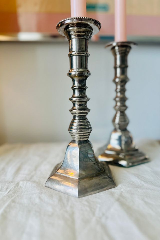 Vintage Classic Pair of Pewter Candlesticks with Drip Guard Selected by KA.TL.AK #2