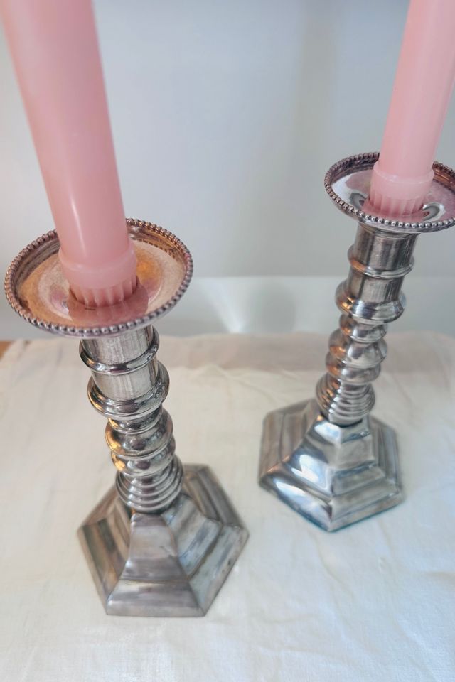 Vintage Classic Pair of Pewter Candlesticks with Drip Guard Selected by KA.TL.AK #3