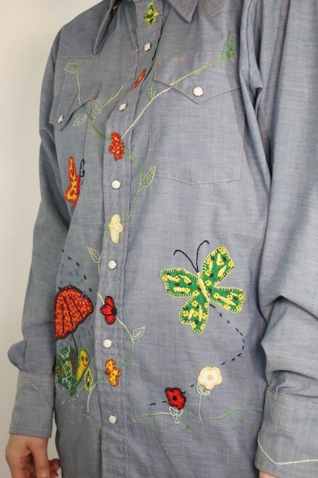 Vintage Butterfly Garden Embroidered Chambray Button Down Selected By Moons + Junes Vintage #3