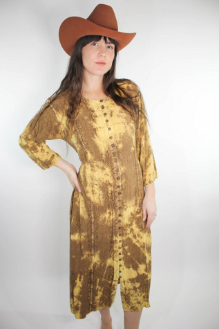 Vintage Golden Tie-Dyed Button Down Belted Midi Dress Selected By Moons + Junes Vintage