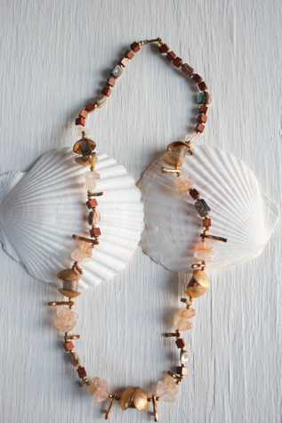 Vintage Gold Shell Coral Gemstone Beaded Necklace Selected By Moons + Junes Vintage
