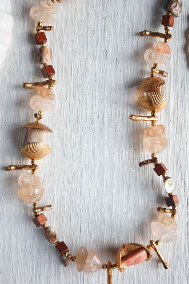 Vintage Gold Shell Coral Gemstone Beaded Necklace Selected By Moons + Junes Vintage #1
