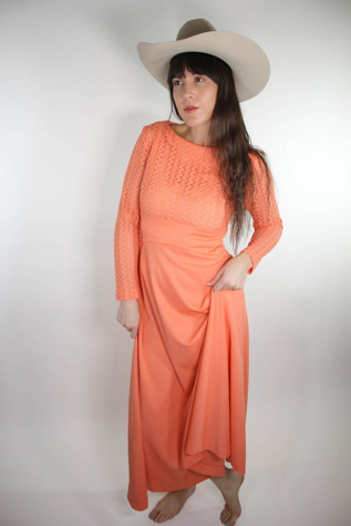 1970s Coral Pointelle Crochet Lace Maxi Dress Selected By Moons + Junes Vintage