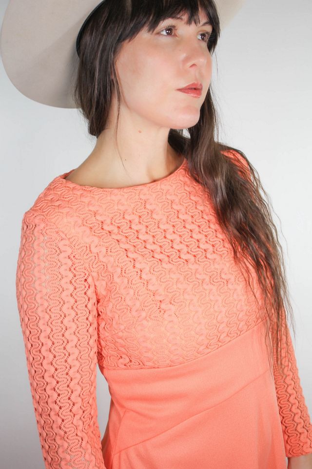 1970s Coral Pointelle Crochet Lace Maxi Dress Selected By Moons + Junes Vintage #1