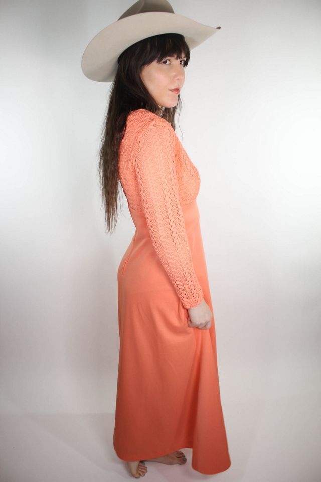 1970s Coral Pointelle Crochet Lace Maxi Dress Selected By Moons + Junes Vintage #2
