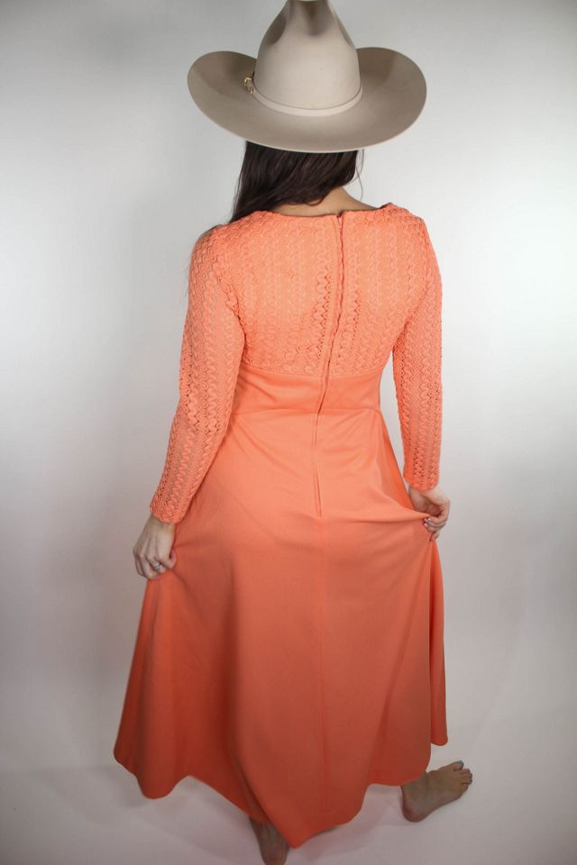 1970s Coral Pointelle Crochet Lace Maxi Dress Selected By Moons + Junes Vintage #3