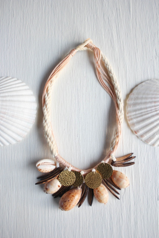 Vintage Tropical Cowrie Seashell Gold Coin Rope Necklace Selected By Moons + Junes Vintage
