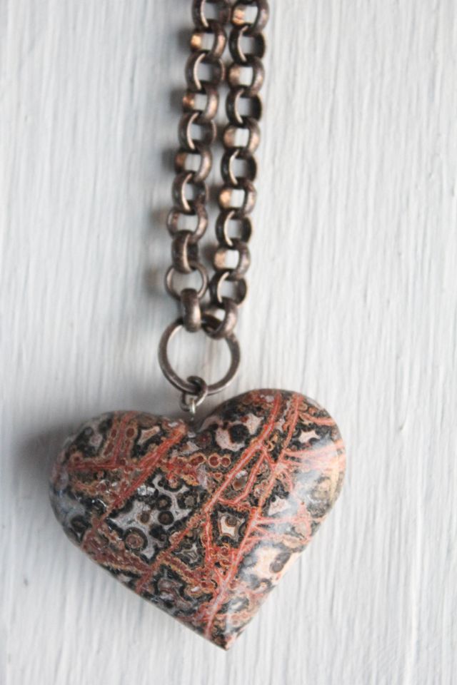 Vintage Leopard Skin Jasper Heart Bronze Link Chain Necklace Selected By Moons + Junes Vintage #1
