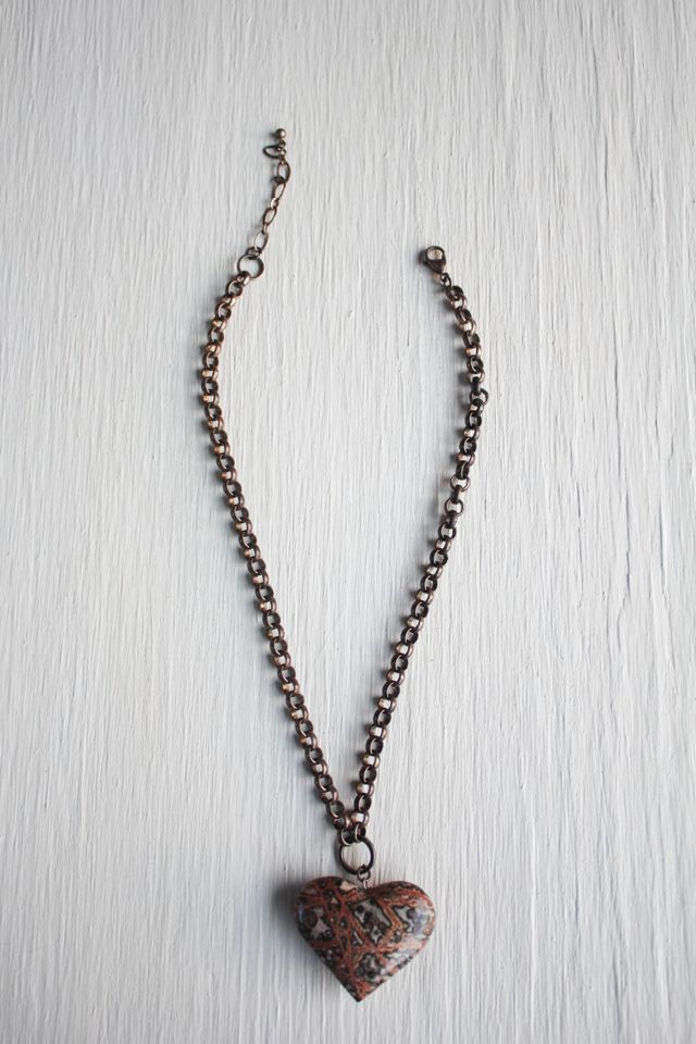 Vintage Leopard Skin Jasper Heart Bronze Link Chain Necklace Selected By Moons + Junes Vintage #2
