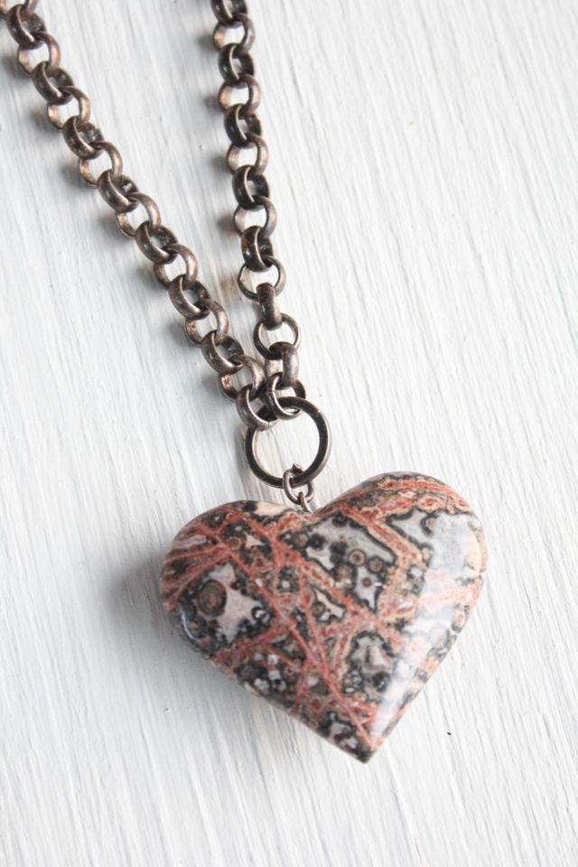 Vintage Leopard Skin Jasper Heart Bronze Link Chain Necklace Selected By Moons + Junes Vintage #3