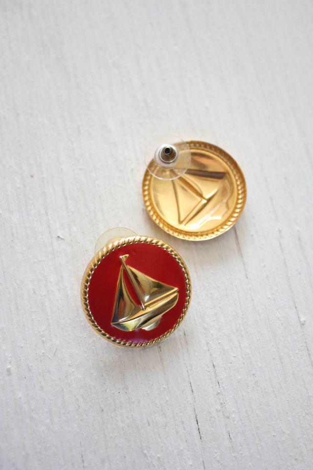 1980s Red Sailboat Gold Tone Stud Earrings Selected By Moons + Junes Vintage #1