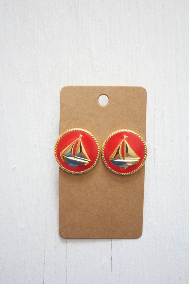 1980s Red Sailboat Gold Tone Stud Earrings Selected By Moons + Junes Vintage #3