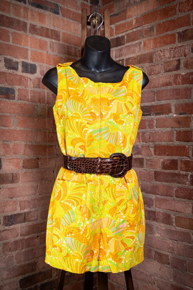 Vintage 70s Yellow and Orange Paisley Pattern Sleeveless Romper Selected by Black Shag Vintage #1