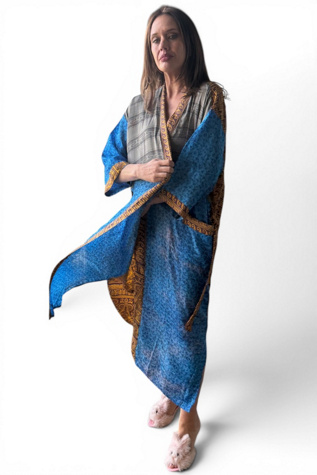Contrasting Pattern Silk Patchwork Kimono Duster Selected by Personal Choice