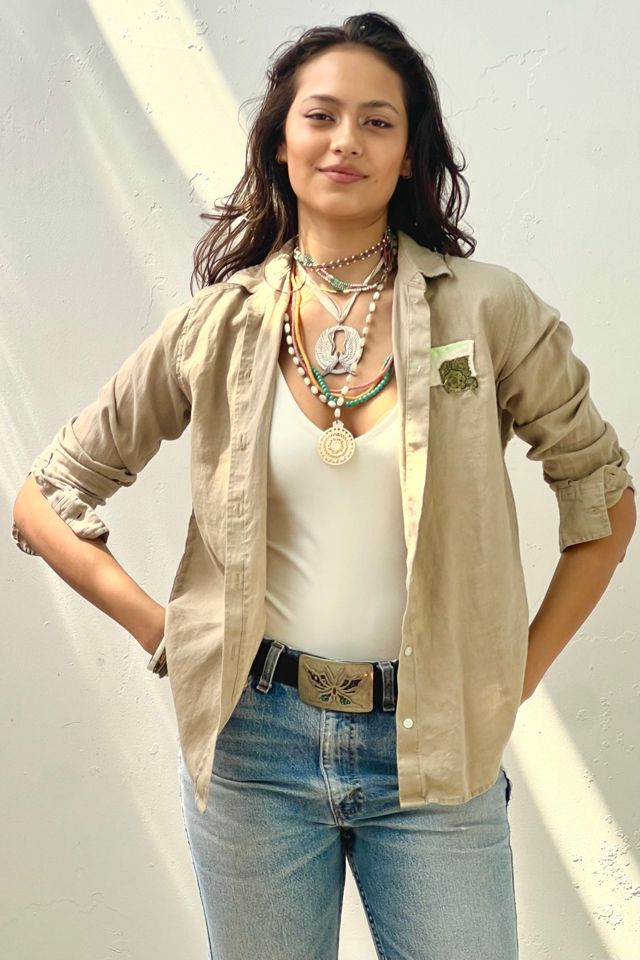 Anna Corinna Reworked Vintage Linen Butterfly Patch Button Down #1