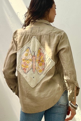 Anna Corinna Reworked Vintage Linen Butterfly Patched Button Down