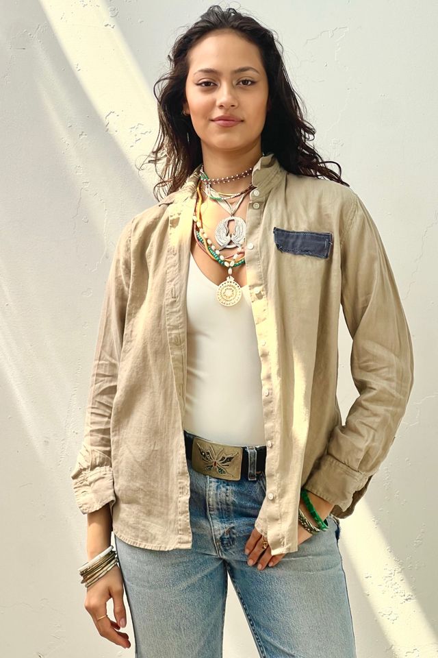 Anna Corinna Reworked Vintage Linen Butterfly Patched Button Down #1
