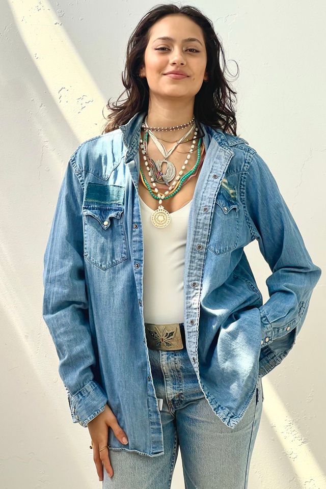 Anna Corinna Reworked Vintage Block Print Patch Snap Up Top #1
