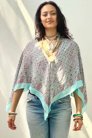 Anna Corinna Reworked Vintage Block Print Turq Poncho Top