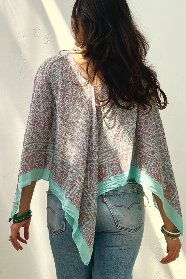 Anna Corinna Reworked Vintage Block Print Turq Poncho Top #2