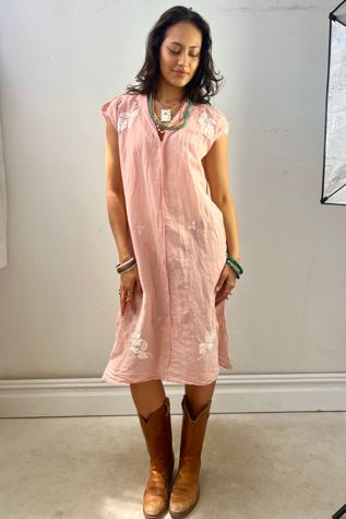 Anna Corinna Reworked Vintage Hand Embroidered Blush Smock Dress