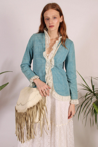 Vintage John California Boho Denim Blazer With Lace Trim Selected By Wolf And Moon Vintage