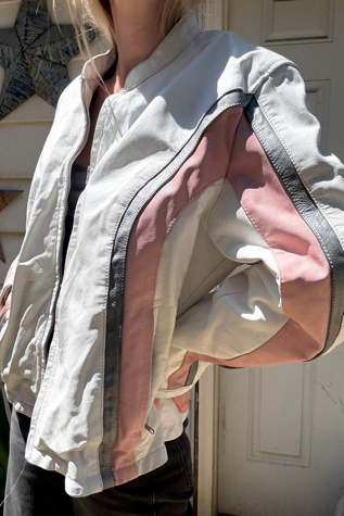 Vintage Y2K White and Pink Leather Moto Jacket Selected by Cherry
