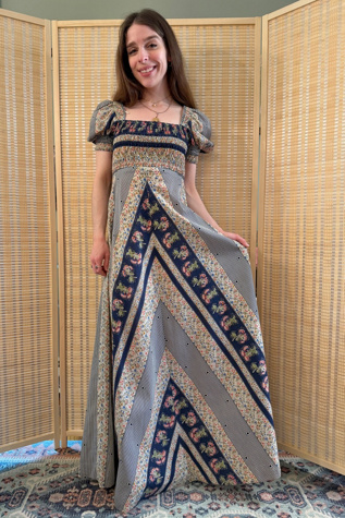 Vintage 1970s Jody T Floral Patchwork Puff Sleeve Maxi Dress Selected by Two Vintage Twins