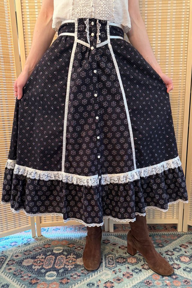1970s Gunne Sax Black Ditsy Floral Lace Prairie Skirt  Selected by Two Vintage Twins #1