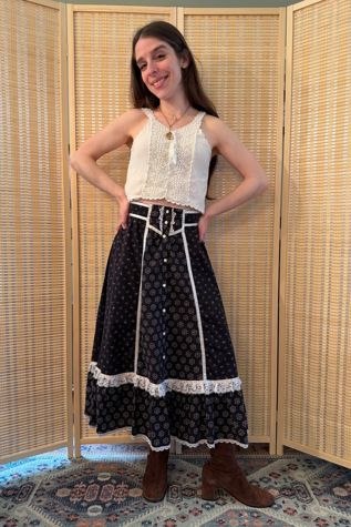1970s Gunne Sax Black Ditsy Floral Lace Prairie Skirt  Selected by Two Vintage Twins