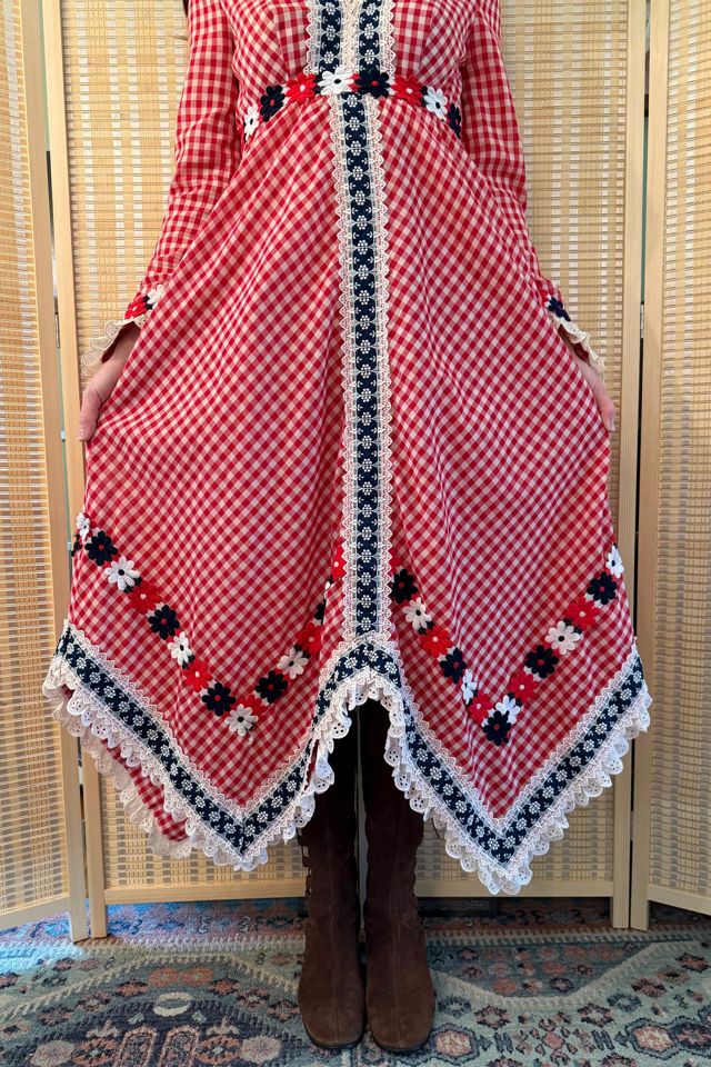 1970s Boho Red Gingham Eloise Curtis Hankerchief Floral Midi Dress Selected by Two Vintage Twins #1