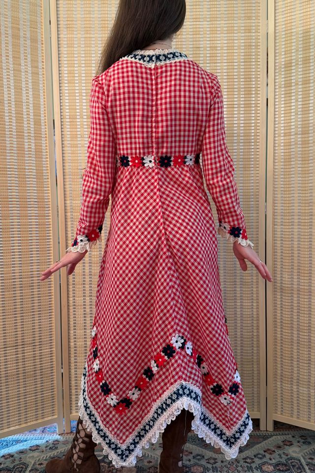 1970s Boho Red Gingham Eloise Curtis Hankerchief Floral Midi Dress Selected by Two Vintage Twins #2