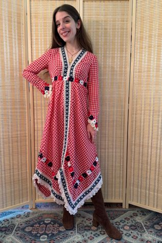 1970s Boho Red Gingham Eloise Curtis Hankerchief Floral Midi Dress Selected by Two Vintage Twins
