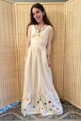 free people retro a line dress Magpie Vintage Upcycled Isabella Embroidered Linen Maxi Dress