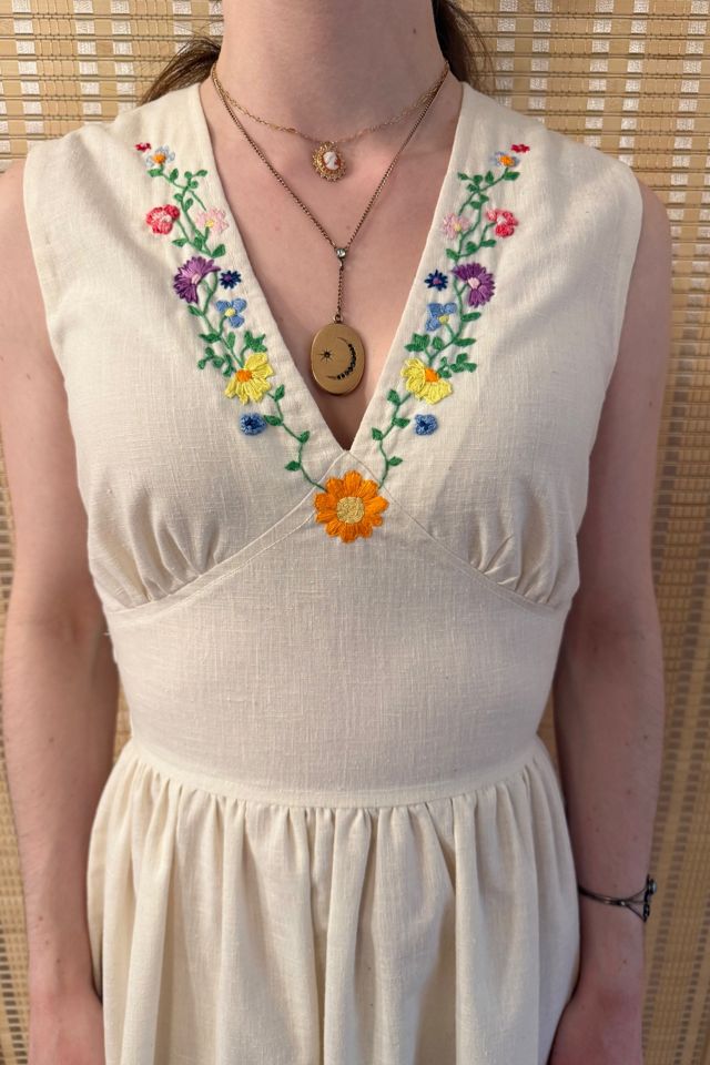 1970s Cream Embroidered Floral Sundress Selected by Two Vintage Twins #1