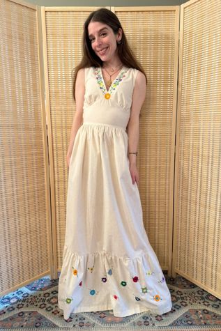 1970s Cream Embroidered Floral Sundress Selected by Two Vintage Twins
